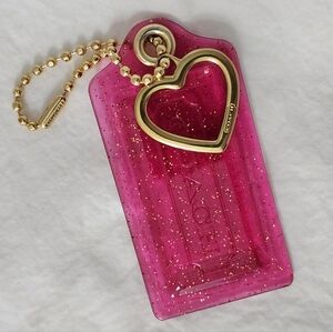 COACH Auth Pink Acrylic Hang Tag Gold Metal Coach Heart Charm Gold Ball Chain